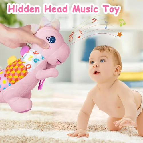 Miniatura 4 de Juguete de peluche suave de dinosaurio para bebés de 0-3-6-12 meses, juguete musical infantil con sonajero, chirriante, arruga sensorial, mordedor