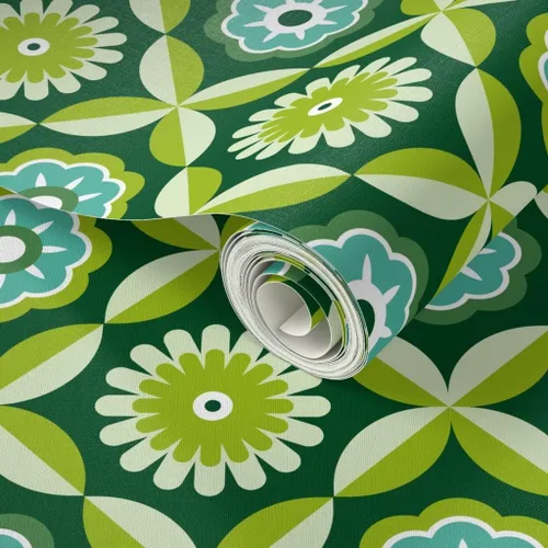 Miniatura 2 de Papel tapiz para despegar y pegar, diseño retro verde con diseño de flores vintage botánicas de los años 70 y 1960 Spoonflower
