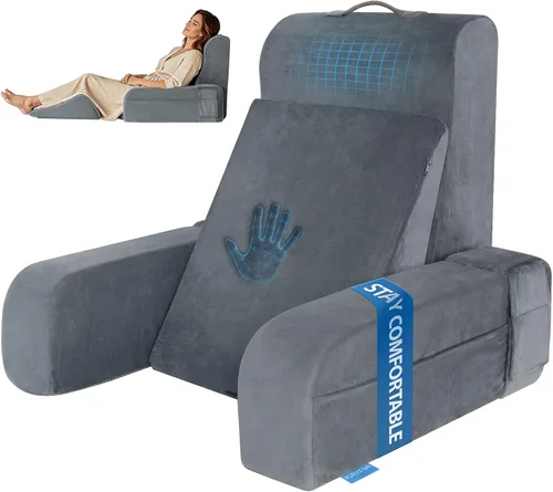 Miniatura 10 de Kayfia Almohada de lectura, almohada de espalda 10 en 1 para cama sentada con reposabrazos desmontable, respaldo con espuma viscoelástica de gel