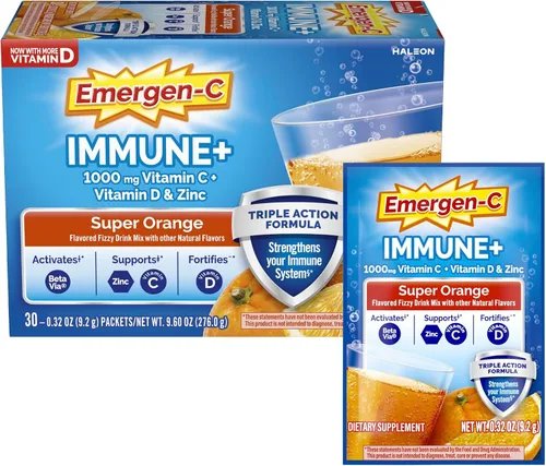 Emergen-C Immune+ Apoyo Inmunológico de Triple Acción en Polvo, BetaVia (R), 1000 mg de Vitamina C, Vitaminas B, Vitamina D y Antioxidantes, Súper