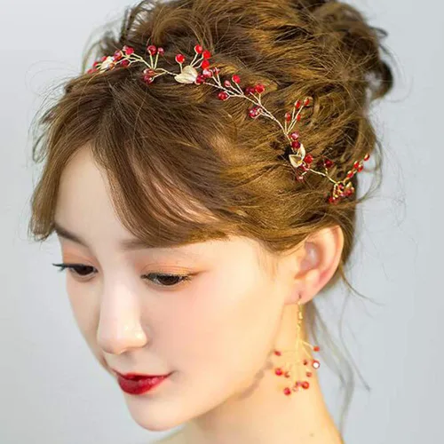 Miniatura 5 de Missgrace Vid de pelo de hoja roja de cristal, aretes y diadema para boda vintage, cumpleaños, fiesta, Halloween, joyería para el cabello para mujer