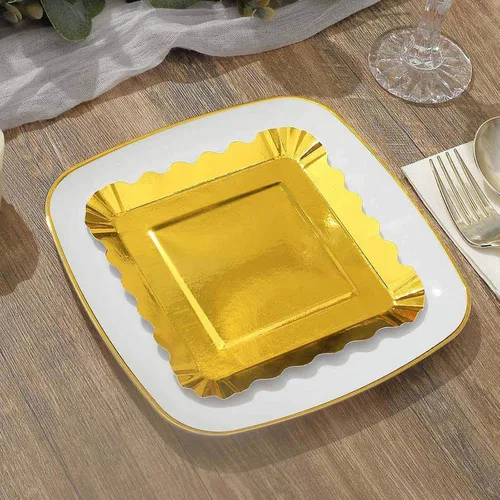 Miniatura 4 de Efavormart - Paquete de 50 platos de papel de aluminio dorado con borde festoneado de 5 pulgadas, mini platos de postre geométricos cuadrados