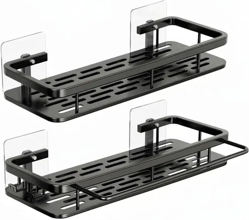 Miniatura 7 de EVALAND Paquete de 2 soportes adhesivos para ducha con ganchos y barra para toallas, color negro, estantes de ducha de baño de alta calidad