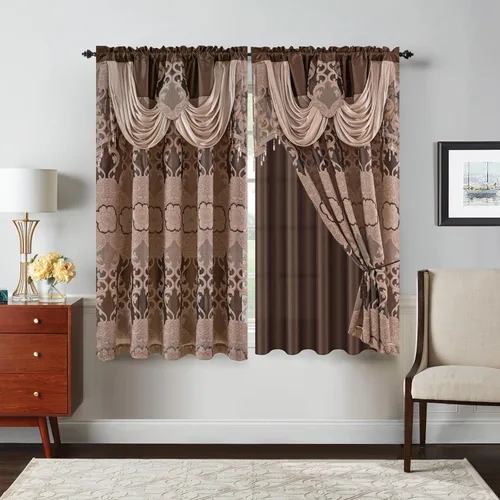 Miniatura 20 de Petrichor Cortinas de gasa jacquard transparente borgoña (54 pulgadas de ancho x 63 pulgadas de largo), 2 paneles con cenefa adjunta, diseño floral