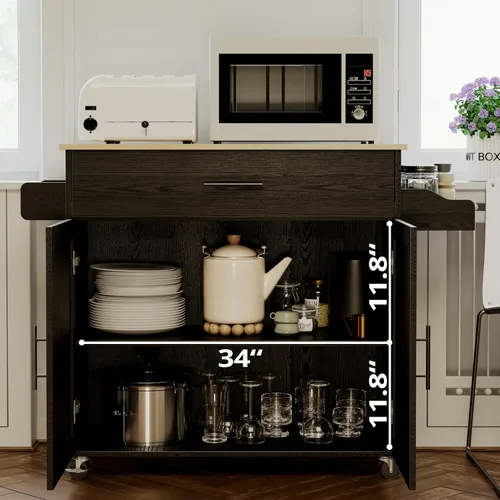 Miniatura 3 de IRONCK - Mesa de isla de cocina rodante con ruedas, hoja abatible, gabinete de almacenamiento, cajón, estante para especias/toallas, carro de Negro