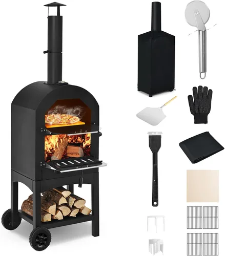 Happygrill | Horno de pizza para exteriores de leña, pizzero portátil con parrilla y piedra, rejillas de cocción, termómetro incorporado, cubierta