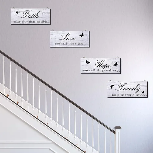 Miniatura 6 de Jetec 4 carteles de pared de madera con texto en inglés «Faith Love Hope», placas rústicas de granja blancas con citas inspiradoras, decoración