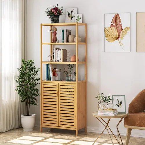 Miniatura 8 de HIFIT Armario alto de almacenamiento para baño, gabinete de baño estrecho de bambú de 66 pulgadas con 2 puertas y estantes abiertos de 4 niveles