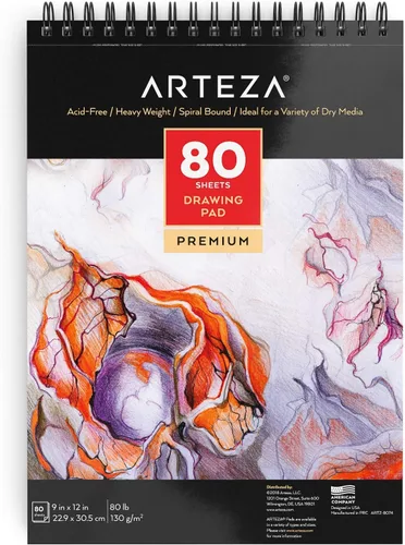 ARTEZA Bloc de papel de dibujo, 9 x 12 pulgadas, paquete de 1, 80 hojas, libros de dibujo de artistas encuadernados en espiral, papel de dibujo