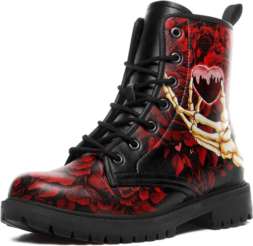Miniatura 9 de Botines de combate para mujer, con estampado de corazón, botines cortos de moda con rosas y calavera, botas de trabajo duraderas con cordones