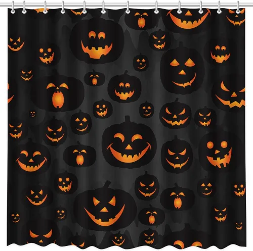 Miniatura 3 de MEHOFOND Cortina de ducha de calabaza de Halloween, cortina de ducha de calabaza malvada, cortinas de ducha de otoño negras para decoración de baño