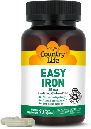 Country Life Easy Iron 25 mg | Suplemento de hierro suave y sin estreñimiento | Apoya la producción de energía y glóbulos rojos | Certificado sin
