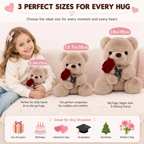 Miniatura 6 de Oso de peluche de San Valentín con rosa, lindo oso de peluche para tu ser querido, novia, cumpleaños, San Valentín, Navidad (9.84 pulgadas, marrón)