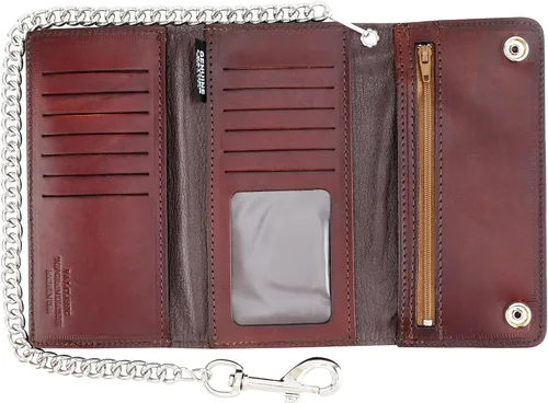 Miniatura 4 de RFID bloqueo de tres pliegues vintage de cuero de vaca de estilo largo con cadena tarjetero cartera, hecho en Estados Unidos