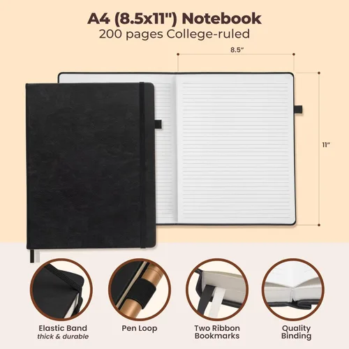 Miniatura 3 de Cuaderno clásico con líneas de 8.5x11" A4 tapa dura de cuero - Negro - 200 páginas con rayas universitarias grande con pestañas adhesivas, bolsillos
