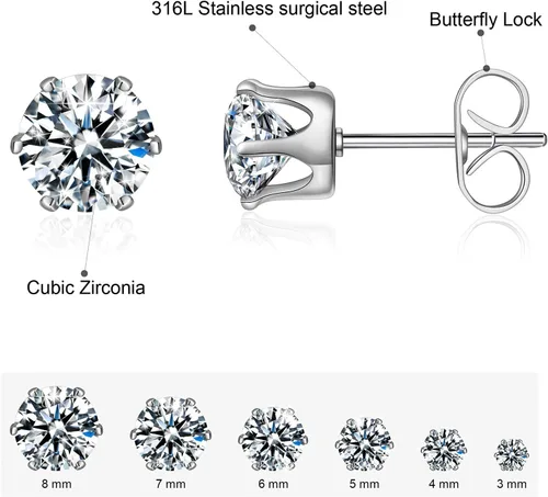 Miniatura 2 de Juego de 6 pares de aretes tipo dormilona de acero inoxidable 316L con circonita cúbica transparente para mujeres y hombres, de 0.315 a 0.3