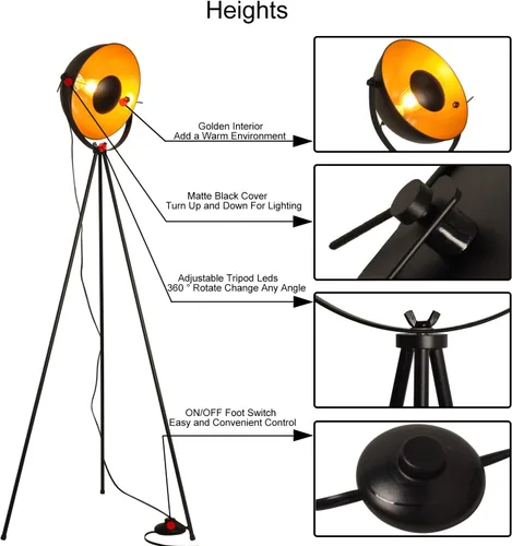 Miniatura 4 de COSYLUX Lámpara de pie con trípode industrial para sala de estar, moderna lámpara de pie alta satélite para dormitorios, oro negro (sin bombillas)