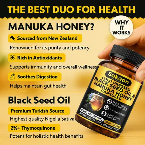 Miniatura 3 de Cápsulas de aceite de semilla negra, con miel de Manuka de Nueva Zelanda, aceite de nigella sativa turco prensado en frío, 2% timoquinona, apoyo