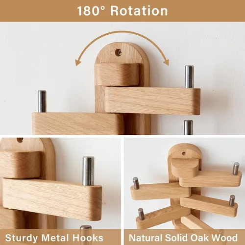 Miniatura 2 de Perchero giratorio de roble con ganchos para abrigos, ganchos de pared de madera con 5 brazos plegables giratorios, perchero de pared de 30 cm