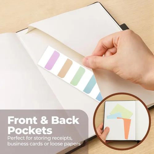 Miniatura 6 de Cuaderno clásico con líneas de 8.5x11" A4 tapa dura de cuero - Negro - 200 páginas con rayas universitarias grande con pestañas adhesivas, bolsillos