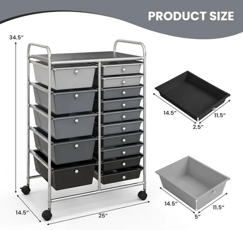 Miniatura 3 de Carrito de almacenamiento con ruedas de 15 cajones, carrito de almacenamiento móvil con ruedas bloqueables para manualidades, herramientas, Negro