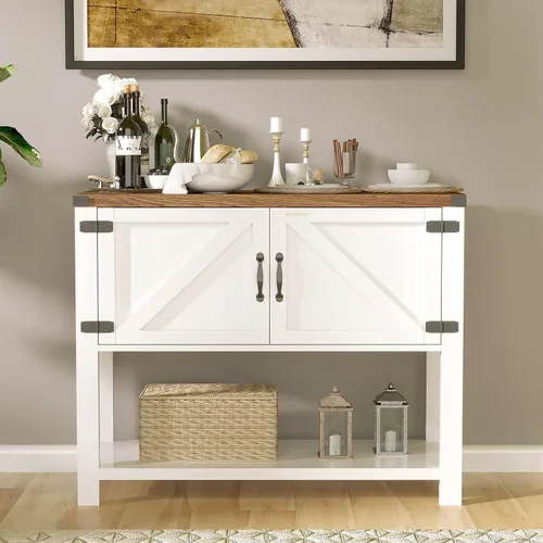 Miniatura 7 de 4ever2buy Gabinete de barra de café de granja, mesa de café blanca con almacenamiento, aparador de buffet con 2 puertas, armario decorativo