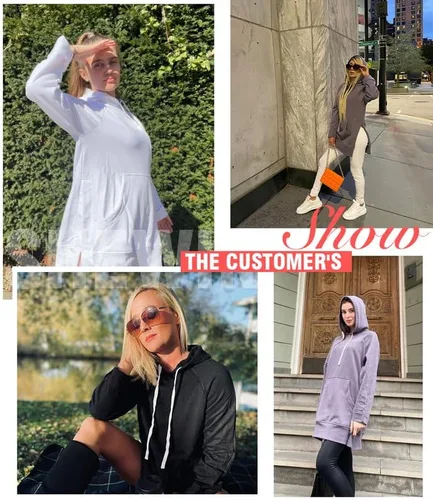 Miniatura 4 de SHEWIN Sudadera de gran tamaño para mujer, manga larga, dobladillo dividido, con bolsillo tipo canguro