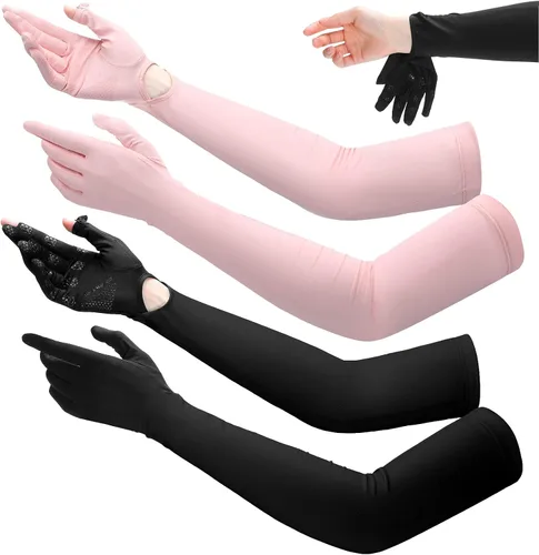 Miniatura 10 de Yahenda - 2 pares de guantes UV de protección solar larga para mujer, guantes de conducción con pantalla táctil, guantes de brazo de protección