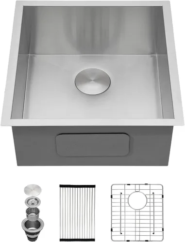 Miniatura 46 de Kichae fregadero de cocina bajo encimera de 32 pulgadas, de un solo tazón, de acero inoxidable, calibre 16, de esquina redonda, hecho a mano