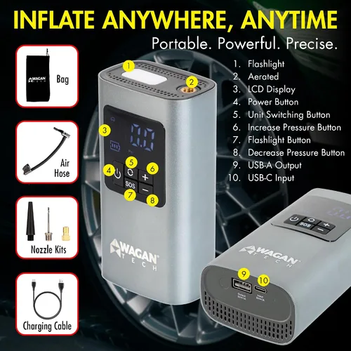 Miniatura 7 de Wagan EL7317 Inflador de neumáticos de aire inalámbrico, bomba de aire portátil de 150 PSI con apagado automático de luz LED compresor de aire