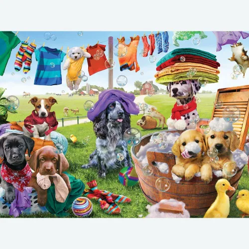Bits and Pieces Rompecabezas grande de 300 piezas para adultos – 'Puppies Playing' por el artista Adrian Chesterman, tamaño del rompecabezas