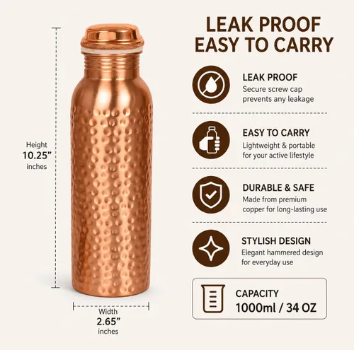Miniatura 2 de Botella de agua de cobre puro – Hecho a mano – Beneficios para la salud Ayurveda – Grande 34 oz – A prueba de fugas, fácil de llevar para deportes
