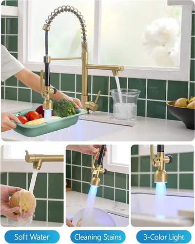 Miniatura 3 de Fapully Grifo de cocina de una sola manija con arco alto, dorado cepillado, extraíble con LED, grifos de fregadero de cocina de una sola palanca