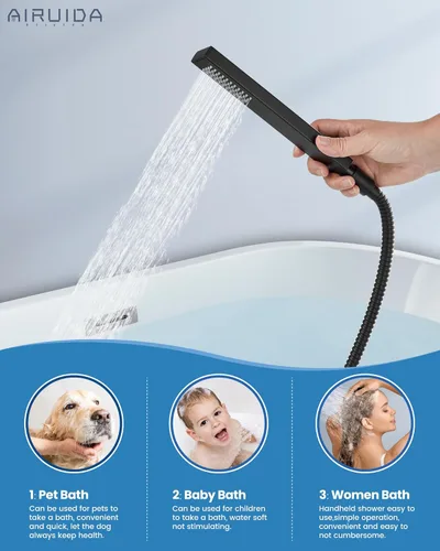 Miniatura 4 de Airuida Grifo de bañera de montaje en pared con caño de cascada para bañera, grifo de bañera montado en la pared con ducha de mano de una sola Negro