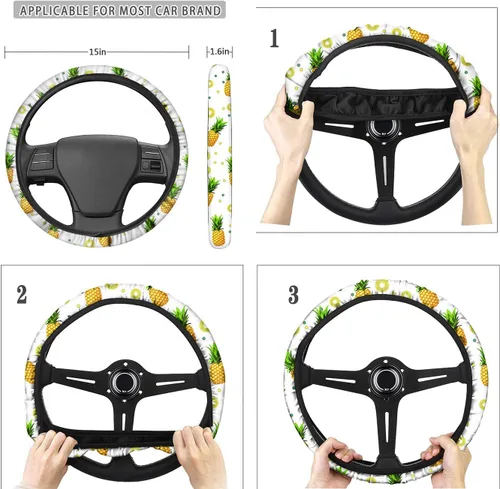 Miniatura 4 de JEOCODY Funda de asiento de coche con diseño de teñido anudado arcoíris para mujeres y hombres, 2 cojines de asiento delantero+funda para volante