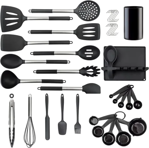 Juego de utensilios de cocina de silicona resistentes al calor, juego de utensilios de cocina de silicona inoxidable para utensilios de cocina