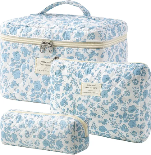 Miniatura 8 de HBselect Bolsa de maquillaje acolchada, 3 piezas de algodón grande, bolsa de maquillaje de viaje, bonita bolsa de maquillaje floral de coqueta