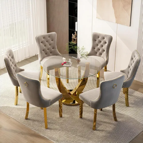 Miniatura 10 de Juego de mesa de comedor redonda de vidrio de 38.9 pulgadas para 4, mesa de cocina redonda dorada con 4 sillas decorativas de terciopelo tapizadas