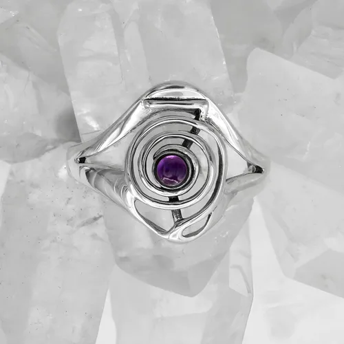 Miniatura 6 de Moonlight Mysteries Anillo de reiki de plata de ley con símbolo de poder de Cho Ku Rei con piedra preciosa de amatista (talla 4-15)