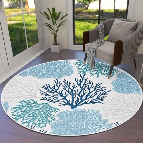 Alfombra redonda azul océano coral de 3 pies, lavable para interiores, dormitorio, cocina, baño, sala de estar, comedor, lavandería, oficina, área +
