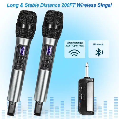 Miniatura 5 de Sistema de karaoke de micrófono inalámbrico con receptor Bluetooth recargable, micrófono inalámbrico dinámico de mano profesional, rango UHF de 200
