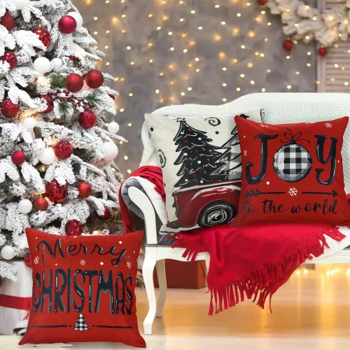 Miniatura 4 de DIYDEC 4 fundas de almohada navideñas de 18x18 pulgadas, fundas de almohada rojas, decoraciones navideñas búfalo árbol camión, almohadas de Feliz