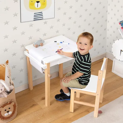 Miniatura 2 de HONEY JOY Juego de mesa y silla para niños, escritorio de madera y silla con cajón, portarollos de papel y 2 bolígrafos, juego de mesa de blanco 1