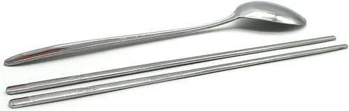 Miniatura 5 de SUPIA Cubertería tradicional coreana de acero inoxidable cucharas y palillos juego de vajilla con mano larga, reutilizable (tortuga plateada)