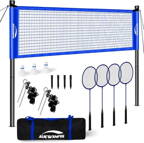 Juego de bádminton portátil, red resistente para exteriores con 4 raquetas, 3 volantes y línea de límite para juegos familiares de patio trasero,