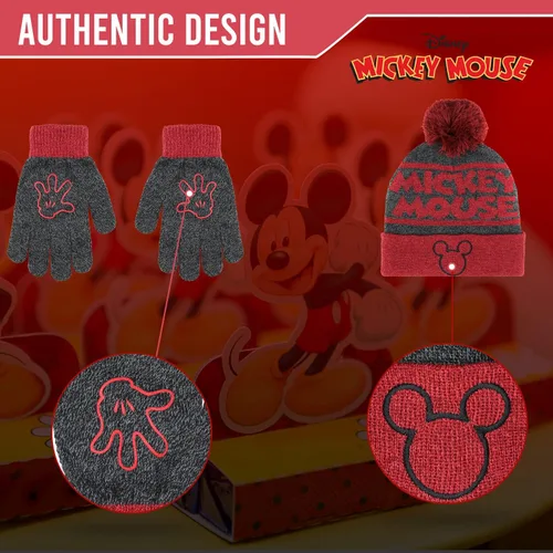 Miniatura 5 de Mickey Mouse - Juego de 2 piezas de sombrero y guantes de nieve para niños y niños, gorro cálido con pompones y bonitos guantes rojos