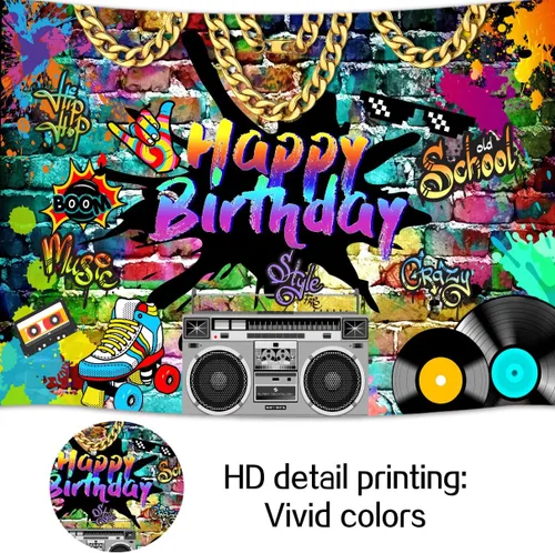 Miniatura 5 de Telón de fondo de cumpleaños de Hip Hop de 5 x 3 pies, tema de los años 80 y 90, graffiti de ladrillo de roca, fondo de fotos retro para fiesta