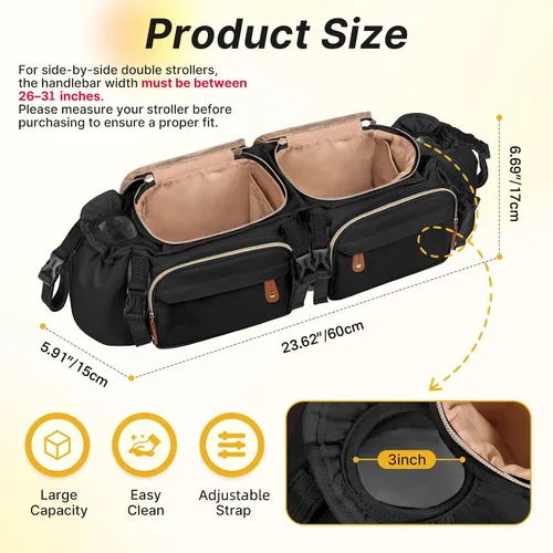 Miniatura 2 de Boomistry - Organizador doble para cochecito con 2 bolsillos refrigerantes, color negro Para Bob Duallie y Baby Jogger City Mini GT2, soporte