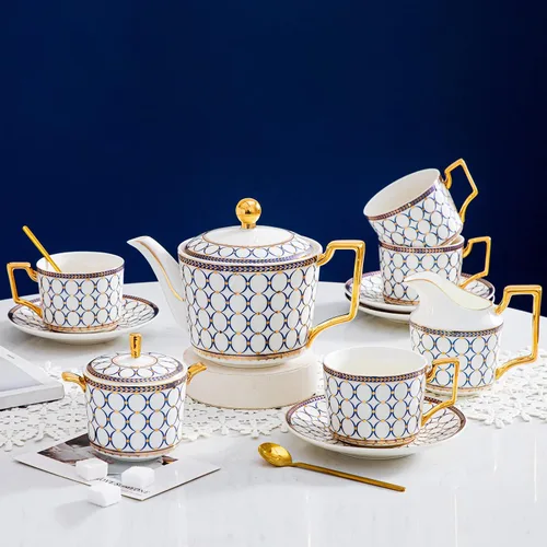 Juego de 15 piezas de servicio de té de porcelana para 4, juegos de té y café de porcelana de hueso, juego de tazas de té con tetera, azucarera,