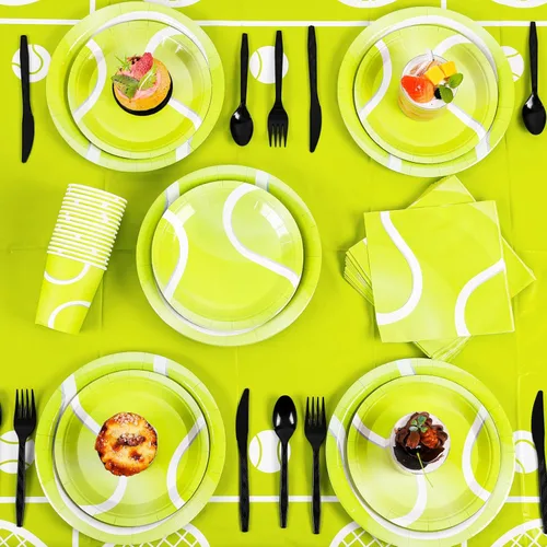 Miniatura 5 de durony 169 piezas de suministros de fiesta de tenis incluyen 48 platos de postre de tenis, 24 vasos de papel de tenis, mantel de plástico, 24